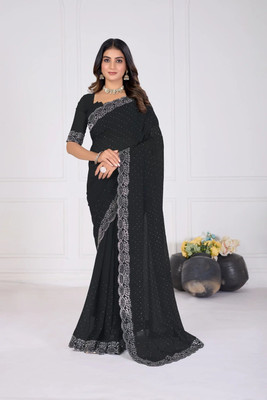 KivaWear Embellished Bollywood Georgette Saree(Black)