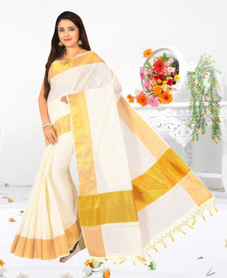 Gugaliya Solid/Plain Kasavu Pure Cotton Saree(Multicolor)