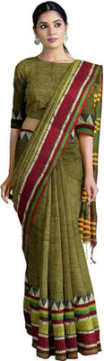 Joyguru Textile Self Design Handloom Cotton Blend Saree(Dark Green)