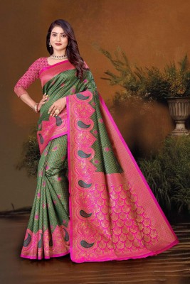 SEASON FAB Self Design, Applique, Blocked Printed, Checkered Banarasi Jacquard, Art Silk Saree(Green, Pink)