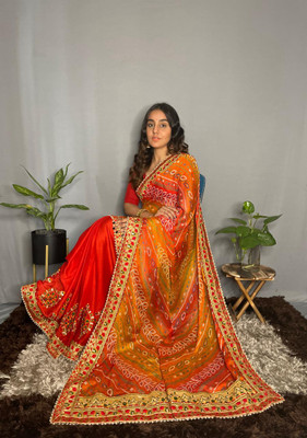 SDGRATITUDE Printed Bandhani Chiffon Saree(Red, Yellow)