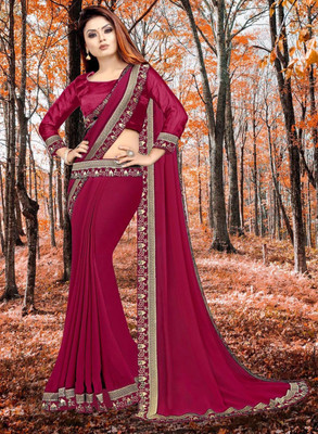HNC Retail Temple Border, Solid/Plain Bollywood Lycra Blend, Chiffon Saree(Pink)