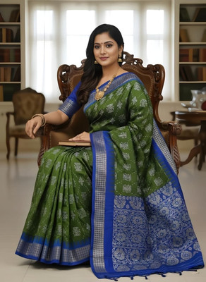 Tilfelle Printed Sambalpuri Silk Blend Saree(Light Green)