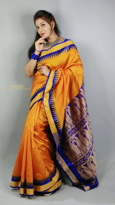 Sijileen Temple Border, Solid/Plain Sambalpuri Silk Blend Saree(Mustard)