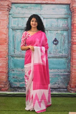 NIKHILAM Printed Daily Wear Pure Cotton Saree(Pink, White)