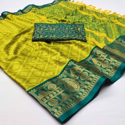 AVANTIKA FASHION Printed, Temple Border, Woven, Embellished, Solid/Plain Banarasi Art Silk, Cotton Silk Saree(Yellow, Green)