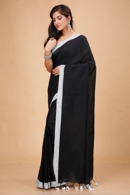 Tant Story Woven Handloom Cotton Blend Saree(Black, White)