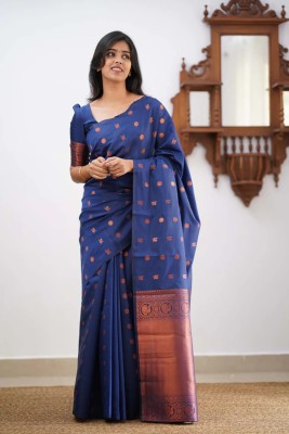 Miss Beelee Woven Banarasi Cotton Blend Saree(Blue)