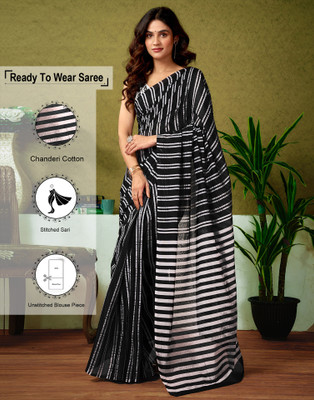 Samah Floral Print, Geometric Print, Printed Sambalpuri Chanderi, Cotton Blend Saree(Black)