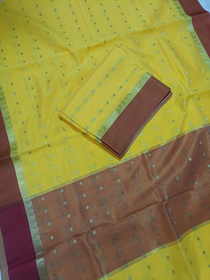 Arzoo kala textiles Paisley, Woven Kanjivaram Cotton Silk Saree(Yellow)