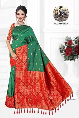 JAGMOHINI Solid/Plain Banarasi Raw Silk Saree(Green)