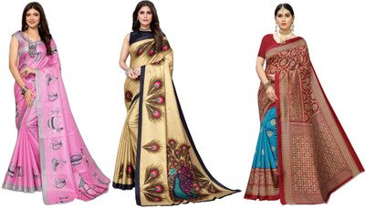 Nirvaan Printed, Woven Mysore Art Silk Saree(Pack of 3, Pink, Gold, Blue, Red)