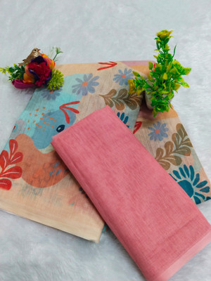 HouseOfCommon Printed Kanjivaram Linen, Cotton Linen Saree(Multicolor)