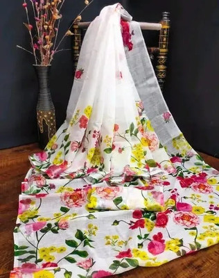 VCREATION Digital Print Bollywood Cotton Linen Saree(Multicolor)