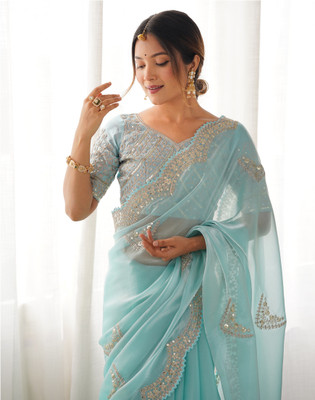 Samah Embroidered Bollywood Organza Saree(Blue)