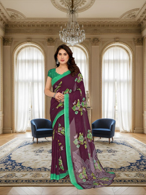 SmittenSmit Printed Bollywood Georgette Saree(Magenta, Green)