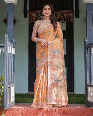 DHAYNAAND REEWA FASHION Digital Print Kalamkari Linen Saree(Multicolor)