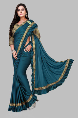 HouseOfCommon Solid/Plain Bollywood Lycra Blend Saree(Light Blue)