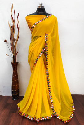 tennecy Solid/Plain, Embellished Assam Silk Georgette Saree(Yellow)