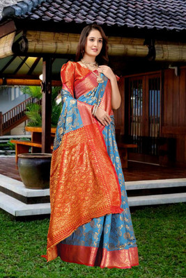 Aksh Fashion Printed Banarasi Silk Blend, Jacquard Saree(Light Blue)