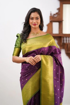 SHREE GHANSHYAM FASHION Printed, Embellished, Self Design, Striped, Woven Bollywood Cotton Silk Saree(Purple)