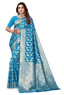 Owlsky Woven, Floral Print Kanjivaram Pure Silk, Art Silk Saree(Blue)