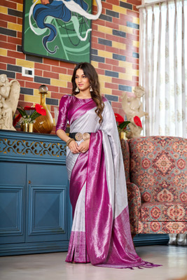 Navanari Solid/Plain Banarasi Jacquard, Art Silk Saree(Grey)
