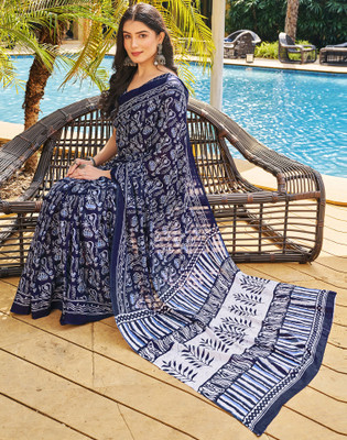 Satrani Printed Ikkat Pure Cotton Saree(Dark Blue, White)