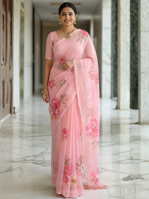 zamuna Floral Print, Digital Print Daily Wear Georgette Saree(Cream)