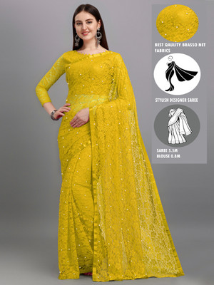 LOROFY Embroidered Bollywood Net Saree(Yellow)