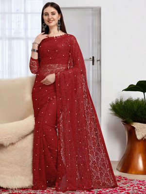 NORAFLEX Embroidered Bollywood Net Saree(Maroon)