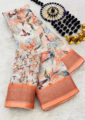 Pionex Woven, Printed Daily Wear Cotton Linen Saree(Orange)