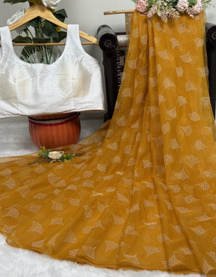 SROLY Embellished Bollywood Net Saree(Yellow)