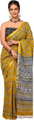 Rammurti Printed, Embellished Kalamkari Cotton Blend Saree(Mustard)