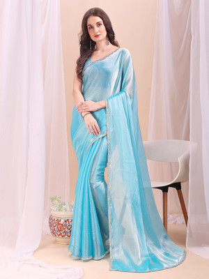 LADYZILLA Solid/Plain Bollywood Jimmy choo Saree(Blue)