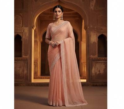 Sudev fashion Embellished Bollywood Net Saree(Orange)