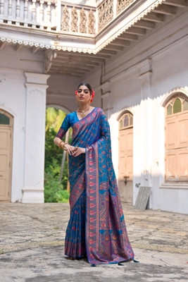 PeachPetals Solid/Plain Banarasi Cotton Silk Saree(Blue)