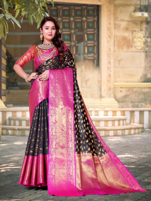 jayant creation Self Design, Woven Banarasi Silk Blend, Jacquard Saree(Black)