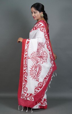 Volanath saree center Printed Handloom Pure Cotton Saree(White)