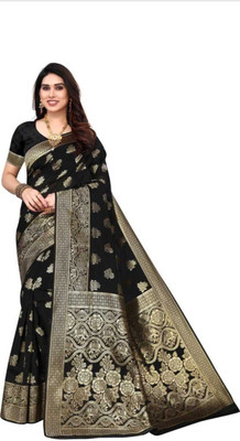 LEAFSY Self Design Banarasi Jacquard Saree(Black)