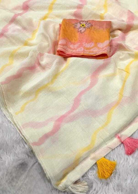 TAGALE Printed Daily Wear Cotton Linen Saree(Cream)