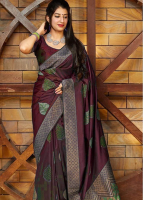 Rudr Venture Self Design Banarasi Cotton Silk Saree(Maroon)
