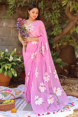 Vleez Printed Handloom Cotton Linen Saree(Pink)