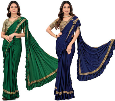 HARIOM FASHION Solid/Plain Bollywood Lycra Blend Saree(Pack of 2, Multicolor)