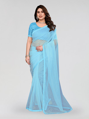 Moda Rapido Solid/Plain Bollywood Net Saree(Light Blue)