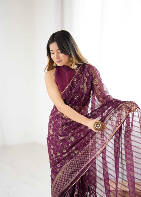 FashionZonee Embellished Leheria Georgette Saree(Purple)