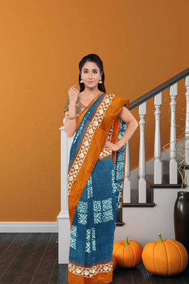 Classy Foriever Printed Ikkat Cotton Blend Saree(Light Blue)