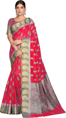 M.S.RETAIL Printed Handloom Cotton Blend Saree(Pink, Grey)