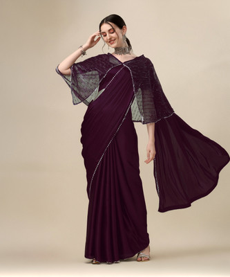 FABMORA Embellished, Solid/Plain Bollywood Satin Saree(Purple)