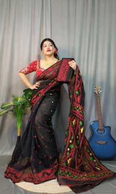 Pasum's Embroidered, Self Design Jamdani Pure Cotton Saree(Black, Red)